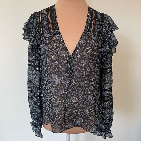 Veronica Beard Penny Floral-Print Black Multi Silk-Chiffon Habotai Blouse EUC 0 - Picture 4 of 12
